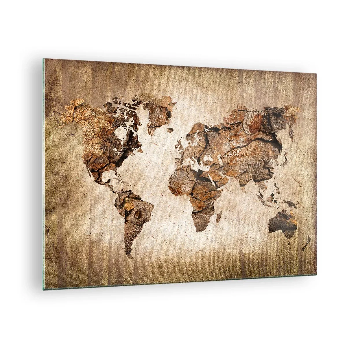 Obraz na skle - Mapa sveta v hnedých odtieňoch imitujúcich drevo - 70x50cm - Objav sveta - Moderná nástenná dekorácia do obývacej izby a spálne ARTTOR