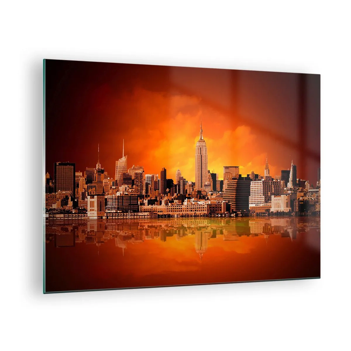 Obraz na skle - Panoráma mesta pri západe slnka - 70x50cm - Panoráma veľkomesta v žltej a hnedej - Moderná nástenná dekorácia do obývacej izby a spálne ARTTOR