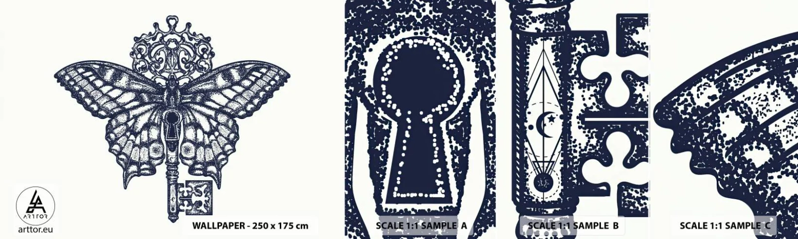 Vzorka samolepiacej fototapety Deluxe Sticker - Všetky tajomstvá srdca - Abstrakcia, Motýľ, kľúč - 100x30 cm