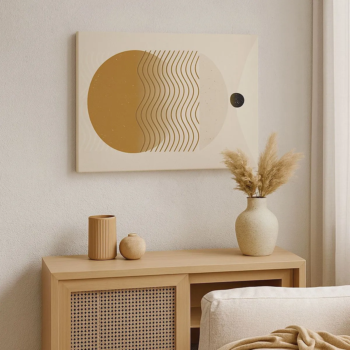 Obraz na plátne - Geometrická abstrakcia s kruhmi a vlnitými čiarami v teplých farbách. - 70x50cm - O pôvode geometrických obrazcov - Moderná nástenná dekorácia do obývacej izby a spálne ARTTOR