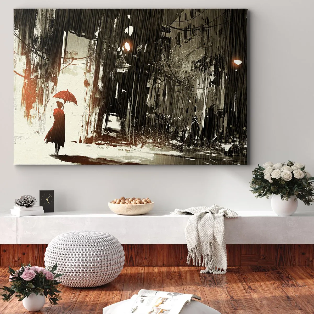 Obraz na plátne - Červená postava s dáždnikom v daždivej scéne - 70x50cm - Poézia červeného dáždnika - Moderná nástenná dekorácia do obývacej izby a spálne ARTTOR