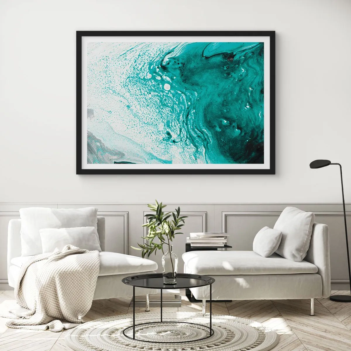 Plagát v čiernom ráme - Prepadnúť sa v bielej a tyrkysovej - 70x50 cm