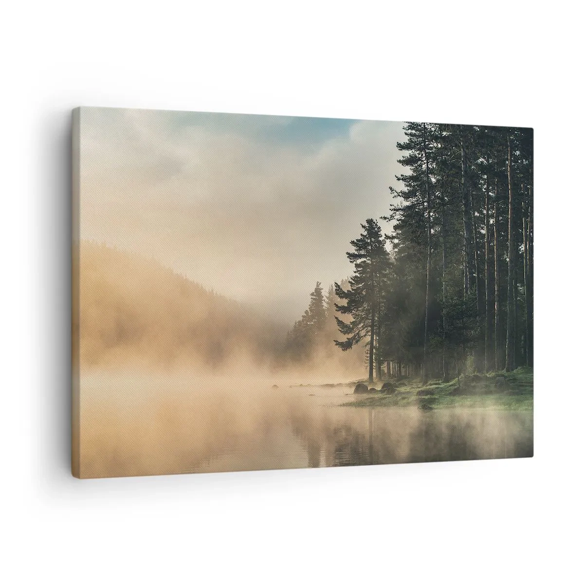 Obraz na plátne - Hmlistý les nad pokojným jazerom - 70x50cm - Zrodenie dňa - Moderná nástenná dekorácia do obývacej izby a spálne ARTTOR