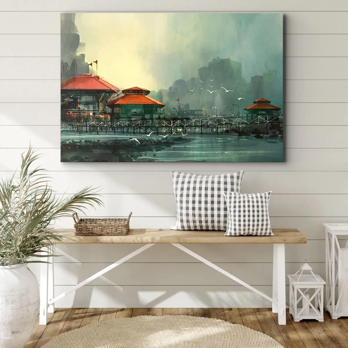 Obraz na plátne - Prístavné budovy v daždivej scenérii s čajkami - 70x50cm - Slnečný deň v prístave - Moderná nástenná dekorácia do obývacej izby a spálne ARTTOR