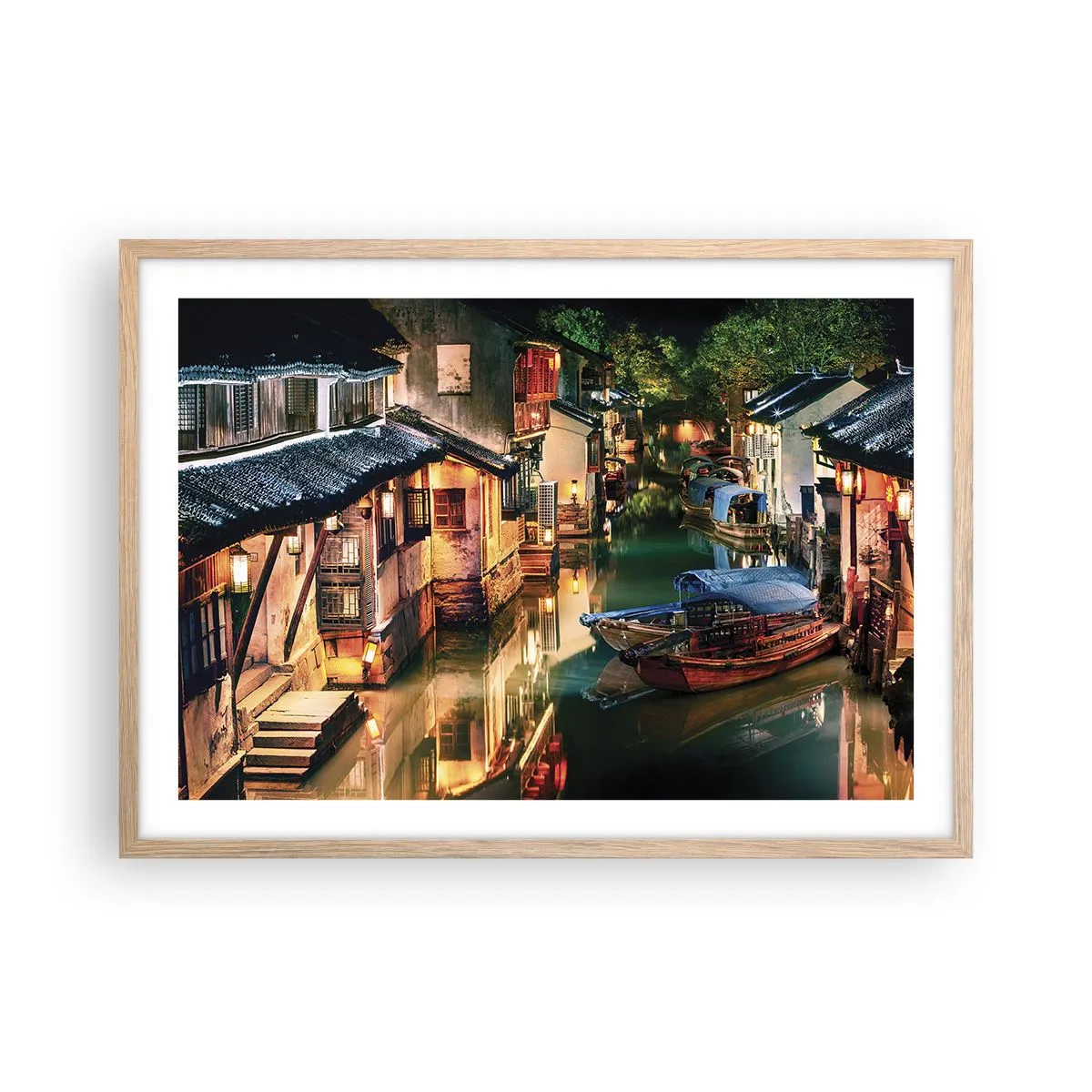 Plagát v ráme zo svetlého duba - Večer na čínskej ulici - 70x50 cm