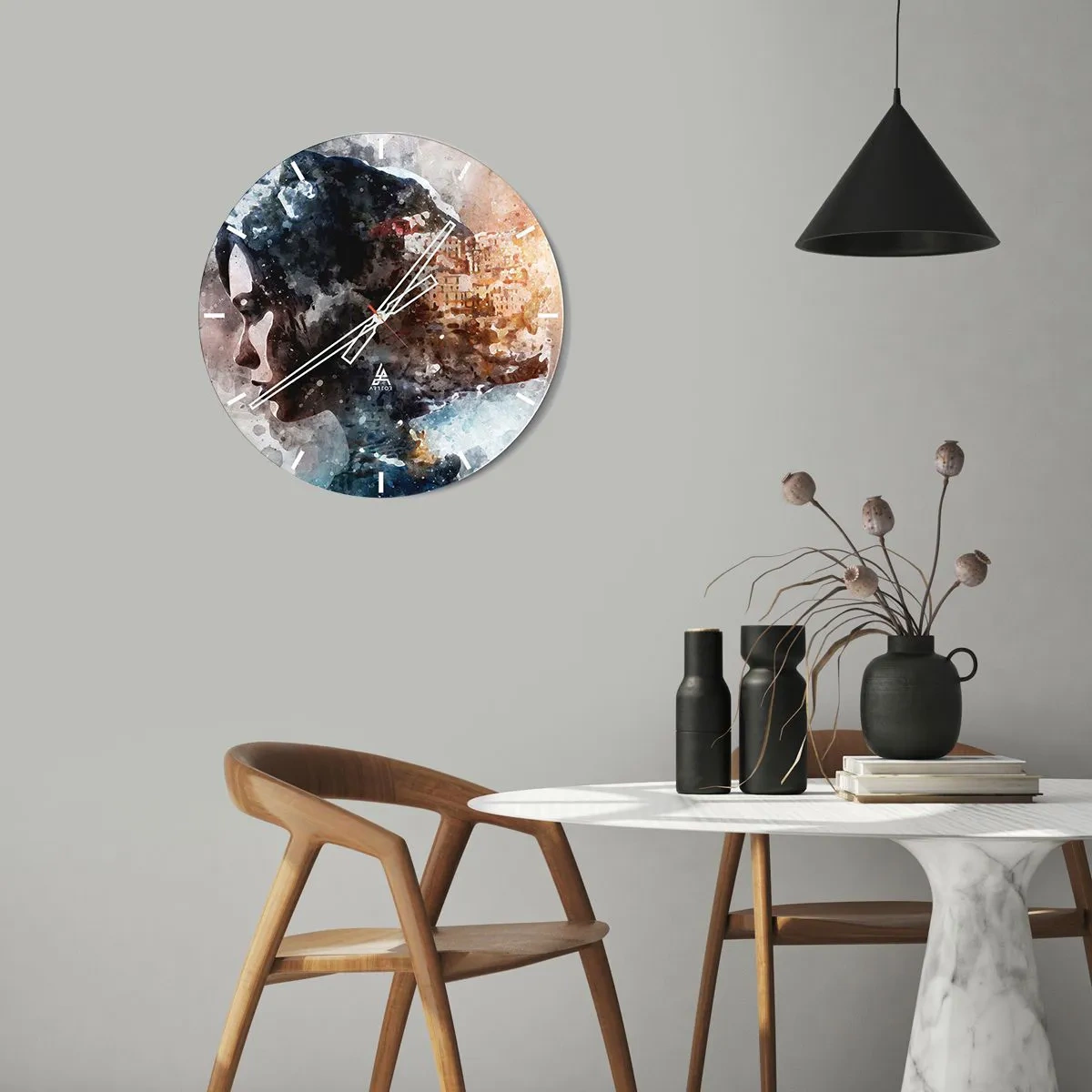Nástenné hodiny - Abstraktný portrét s akvarelovým efektom - 30x30cm - Príbeh o dievčati s mestom v pozadí - Moderná nástenná dekorácia do obývacej izby, kuchyne a spálne ARTTOR