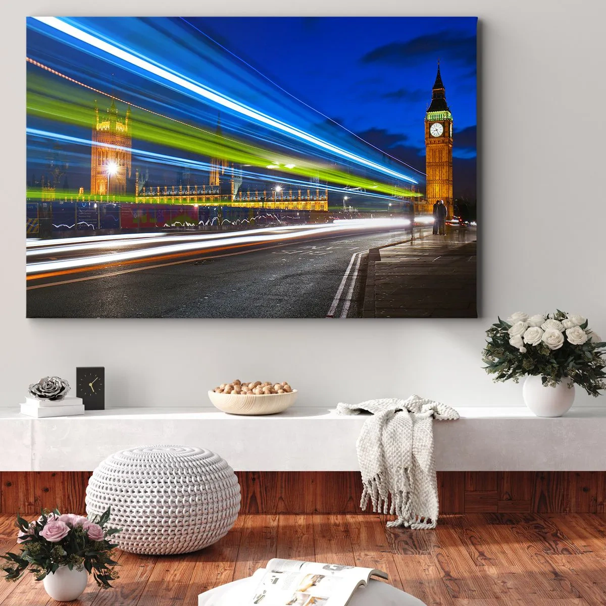 Obraz na plátne - Big Ben v noci s efektom svetiel v pouličnej premávke - 70x50cm - Pod dohľadom Big Bena - Moderná nástenná dekorácia do obývacej izby a spálne ARTTOR