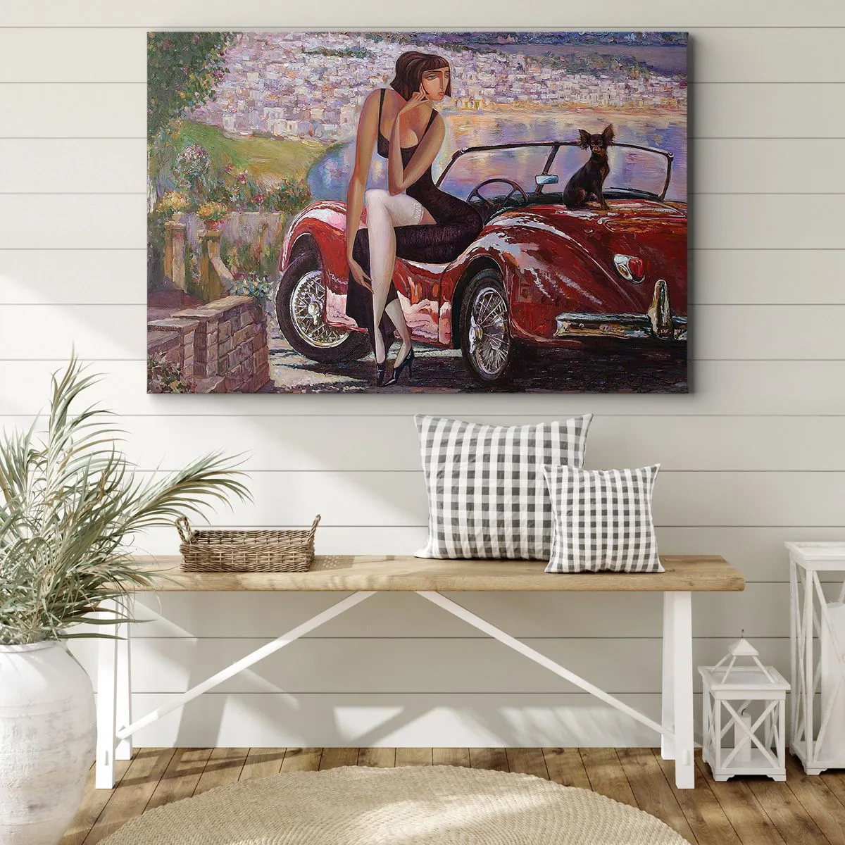 Obraz na plátne - Žena pri červenom aute s mestom v pozadí - 70x50cm - Leto? Len na Riviére - Moderná nástenná dekorácia do obývacej izby a spálne ARTTOR