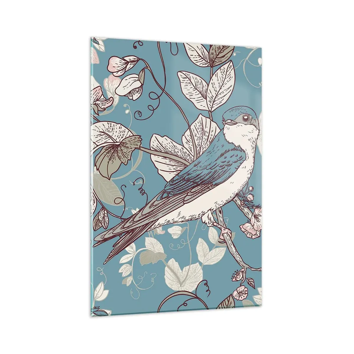 Obraz na skle - Na bielom strome vtáky a strieborné lístie - 80x120 cm