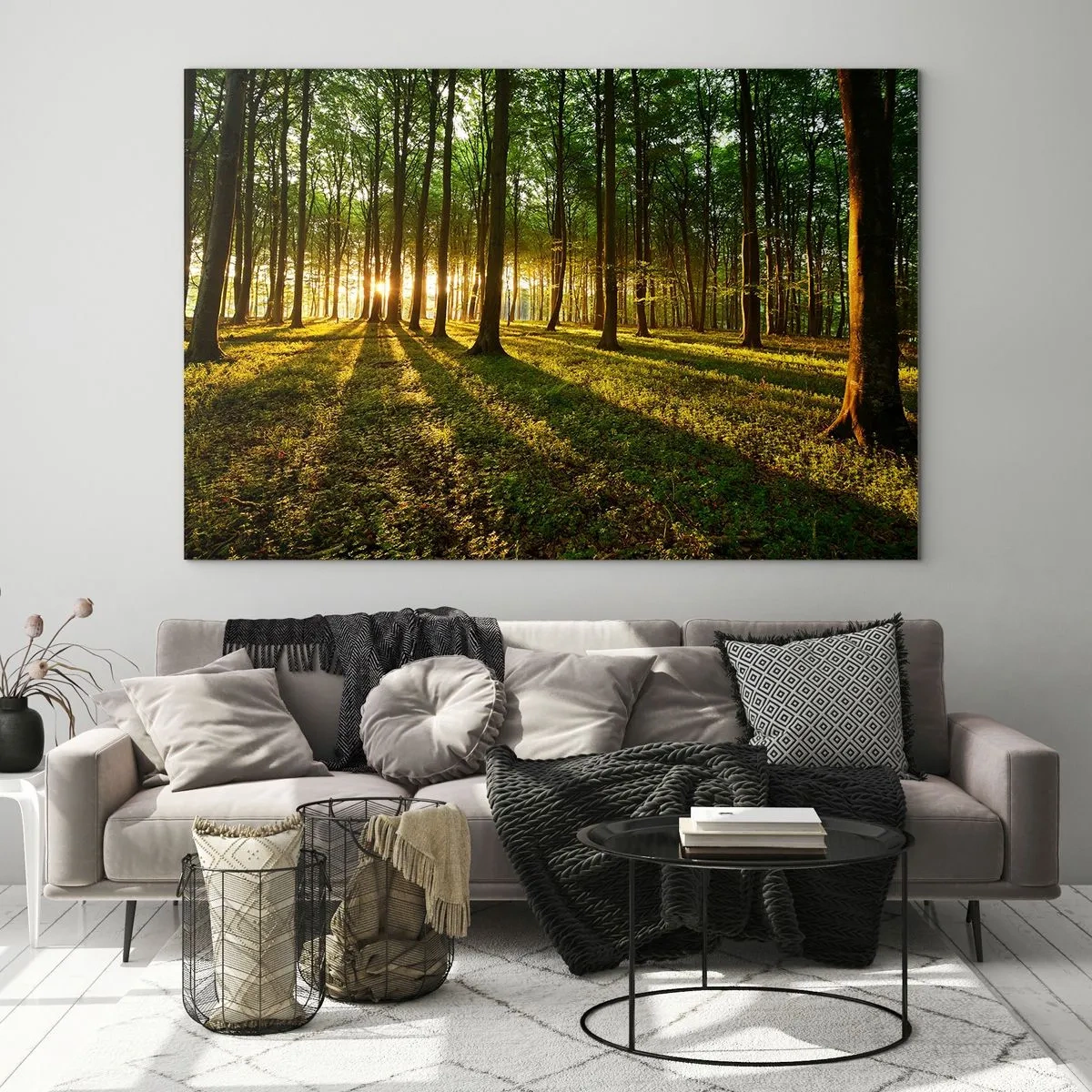Obraz na skle - Lesná čistinka osvetlená lúčmi vychádzajúceho slnka - 70x50cm - Fotografie všetkých jarí - Moderná nástenná dekorácia do obývacej izby a spálne ARTTOR