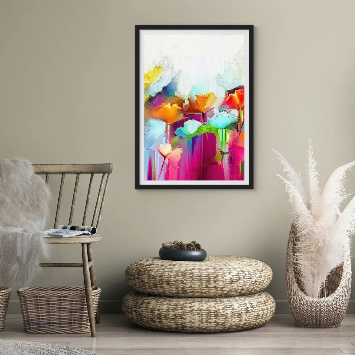 Plagát v čiernom ráme - Abstraktné kvety v intenzívnych farbách na bielom pozadí - 50x70cm - Dúha rozkvitla - Moderná nástenná dekorácia do obývacej izby a spálne ARTTOR