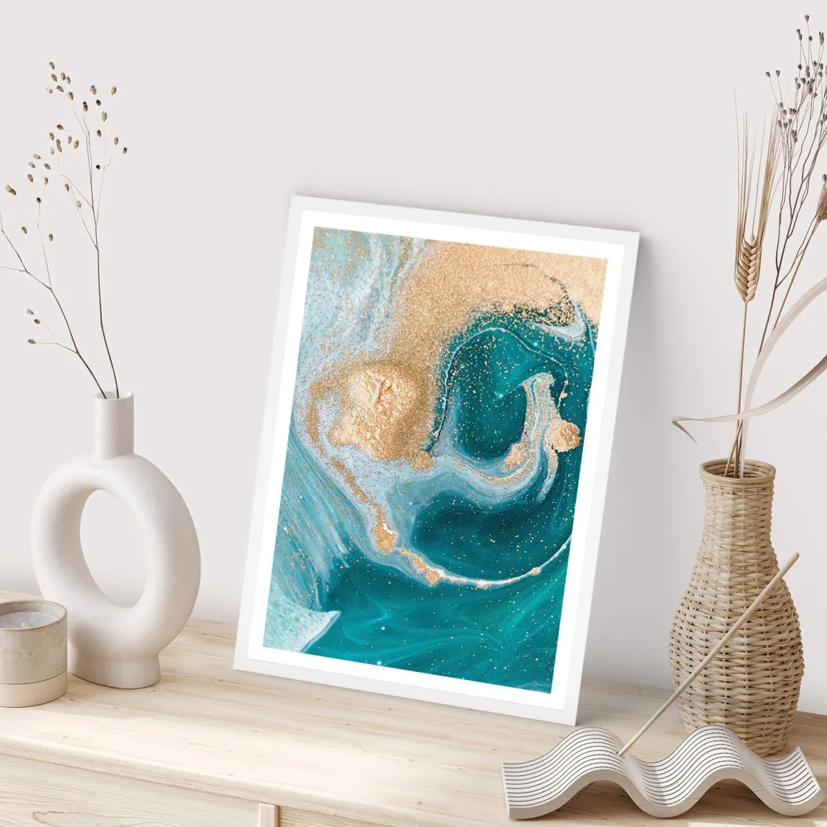 Plagát v bielom ráme - Vír zlatej a tyrkysovej - 30x40 cm