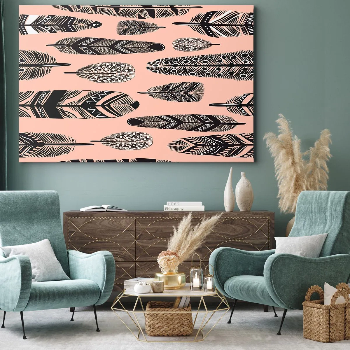 Obraz na plátne - Dekoratívne perie na svetlom pozadí - 70x50cm - Indiánska kolekcia - Moderná nástenná dekorácia do obývacej izby a spálne ARTTOR
