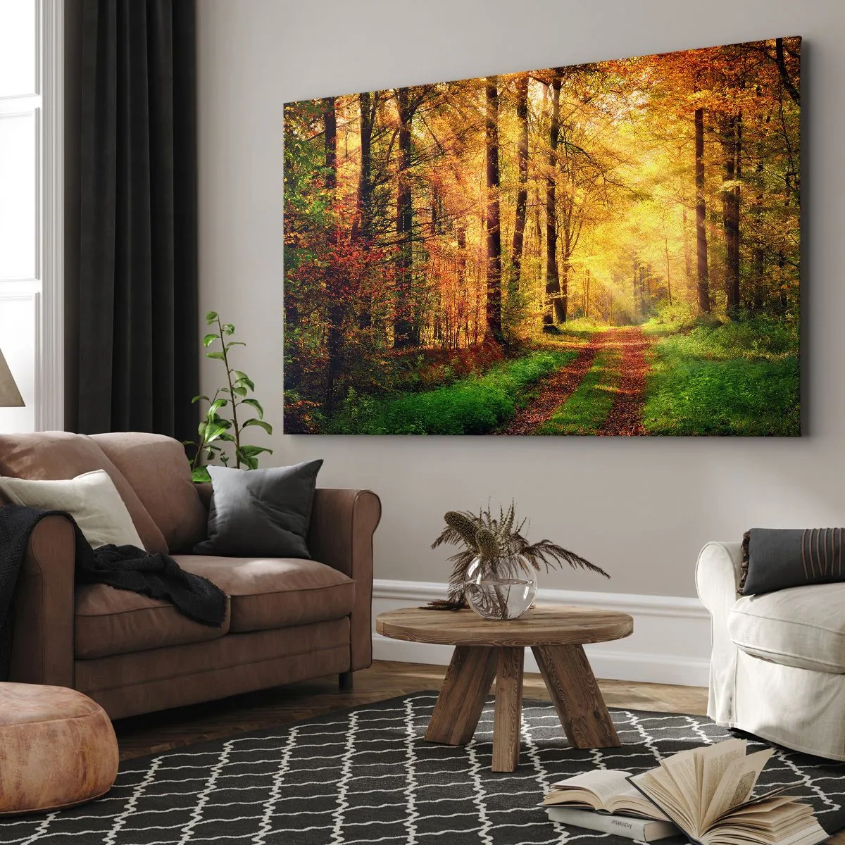Obraz na plátne - Lesný chodník obklopený zlatými a zelenými stromami - 70x50cm - Lesno-zlaté ticho - Moderná nástenná dekorácia do obývacej izby a spálne ARTTOR