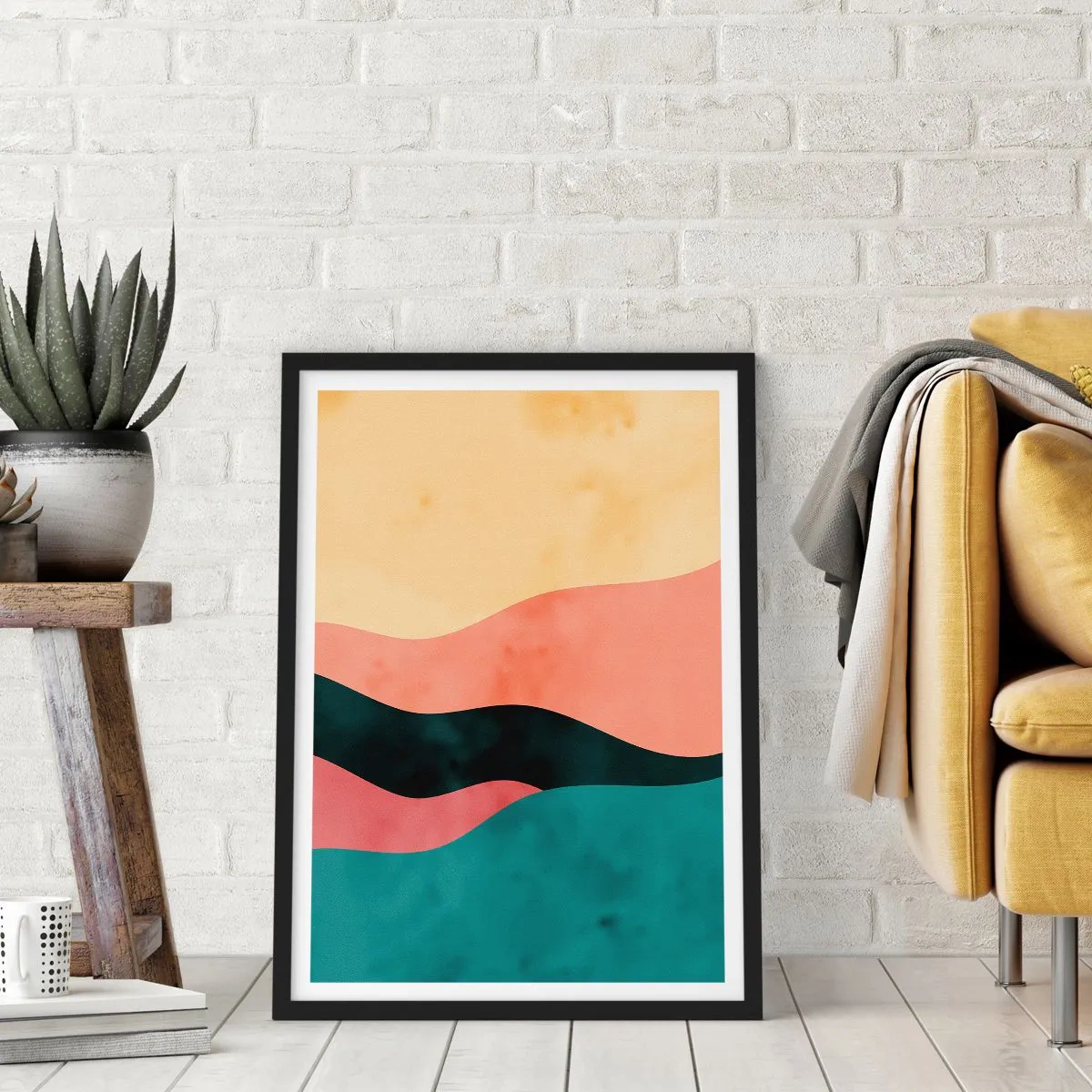 Plagát v čiernom ráme - Farebné abstraktné vlny v pastelových odtieňoch - 50x70cm - Kompatibilný nesúlad - Moderná nástenná dekorácia do obývacej izby a spálne ARTTOR