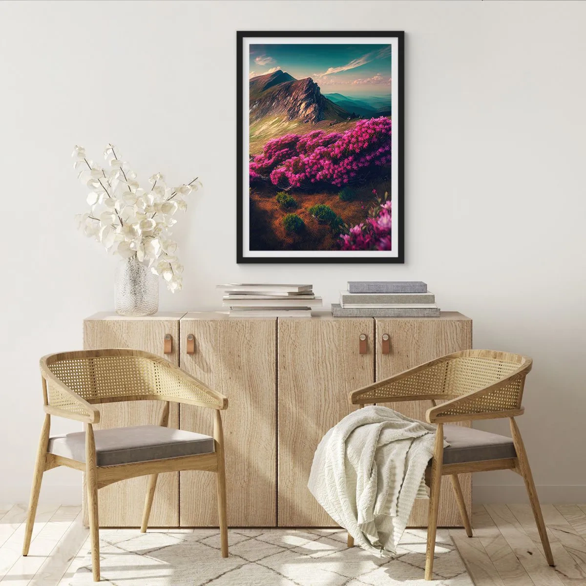 Plagát v čiernom ráme - Horská krajina s kvitnúcimi rododendronmi - 50x70cm - Leto na horách - Moderná nástenná dekorácia do obývacej izby a spálne ARTTOR