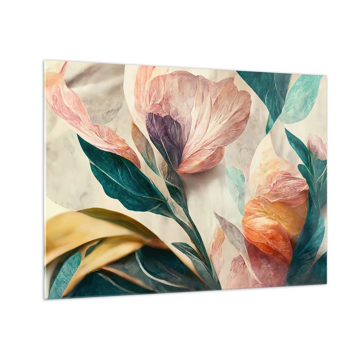 Obraz na skle - Exotické kvety a listy v pastelových farbách v botanickom štýle - 70x50cm - Kvety južných ostrovov - Moderná nástenná dekorácia do obývacej izby a spálne ARTTOR