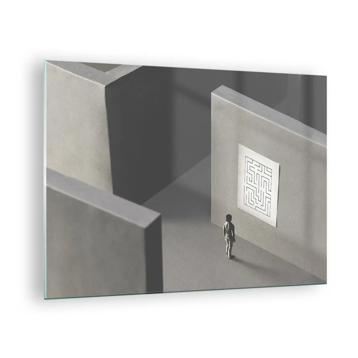 Obraz na skle - Dieťa v bludisku so symbolom hádanky - 70x50cm - Kde to ale som? - Moderná nástenná dekorácia do obývacej izby a spálne ARTTOR