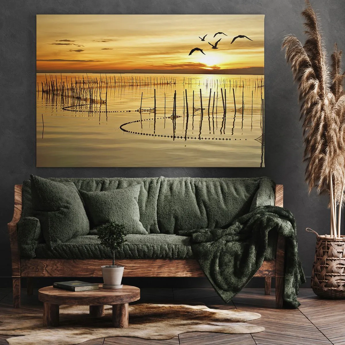 Obraz na plátne - Západ slnka nad vodou s vtákmi v lete - 70x50cm - Na rybolove - Moderná nástenná dekorácia do obývacej izby a spálne ARTTOR