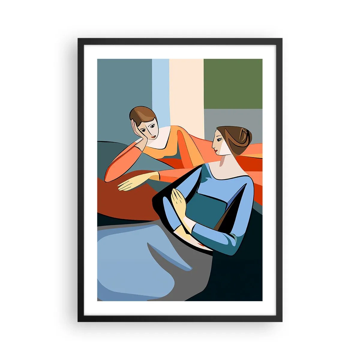 Plagát v čiernom ráme - Moderná ilustrácia dvoch žien v kubistickom štýle. - 50x70cm - Dôverná chvíľa - Moderná nástenná dekorácia do obývacej izby a spálne ARTTOR