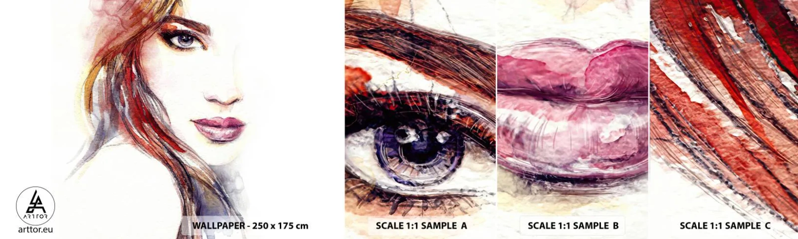 Vzorka samolepiacej fototapety Deluxe Sticker - Vademecum - poď so mnou - Žena, Portrét ženy, Nádherná tvár - 100x30 cm