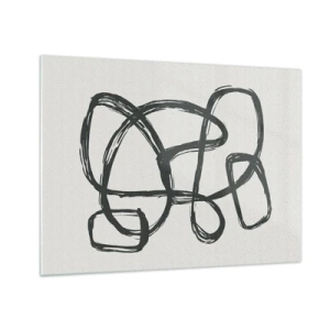 Obraz na skle - Čierne slučky a čiary tvoria abstraktnú kompozíciu na bielom pozadí. - 70x50cm - Abstrakcie v slučke - Moderná nástenná dekorácia do obývacej izby a spálne ARTTOR