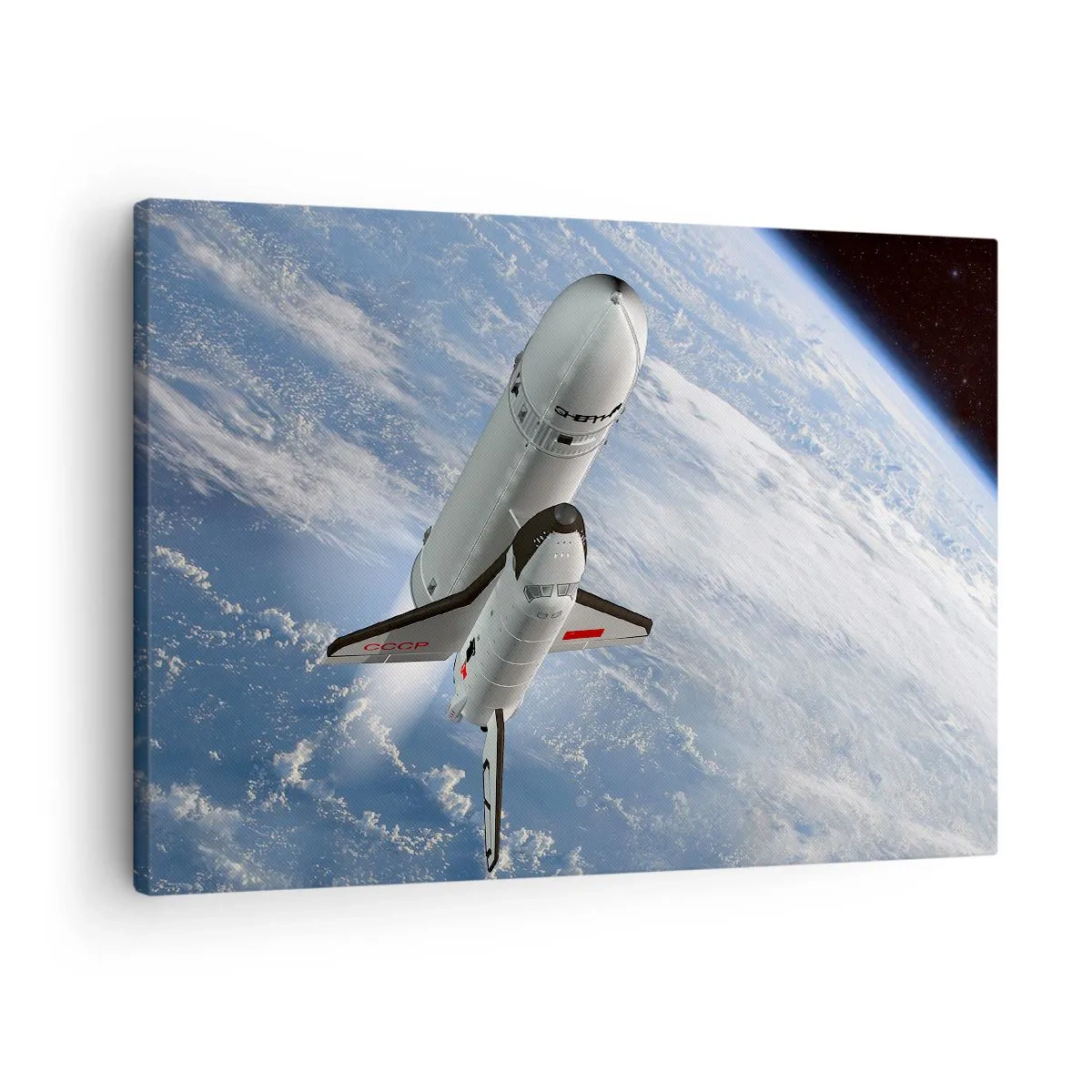 Obraz na plátne - Vesmírna raketa stúpajúca na pozadí Zeme - 70x50cm - Vesmírne nanebovstúpenie - Moderná nástenná dekorácia do obývacej izby a spálne ARTTOR