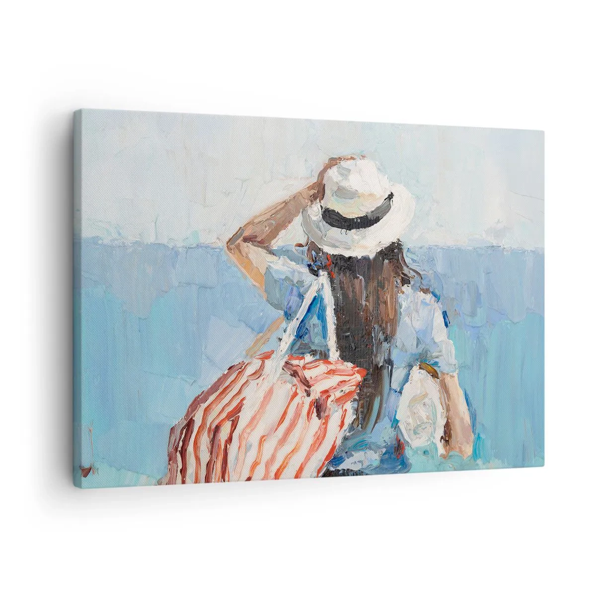 Obraz na plátne - Žena v klobúku na pozadí modrého mora - 70x50cm - Vitaj na dovolenke - Moderná nástenná dekorácia do obývacej izby a spálne ARTTOR