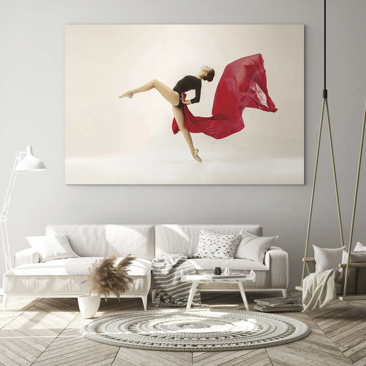 Obraz na skle - Tanečník v dynamickom skoku s červenou látkou - 70x50cm - Červené a čierne - Moderná nástenná dekorácia do obývacej izby a spálne ARTTOR