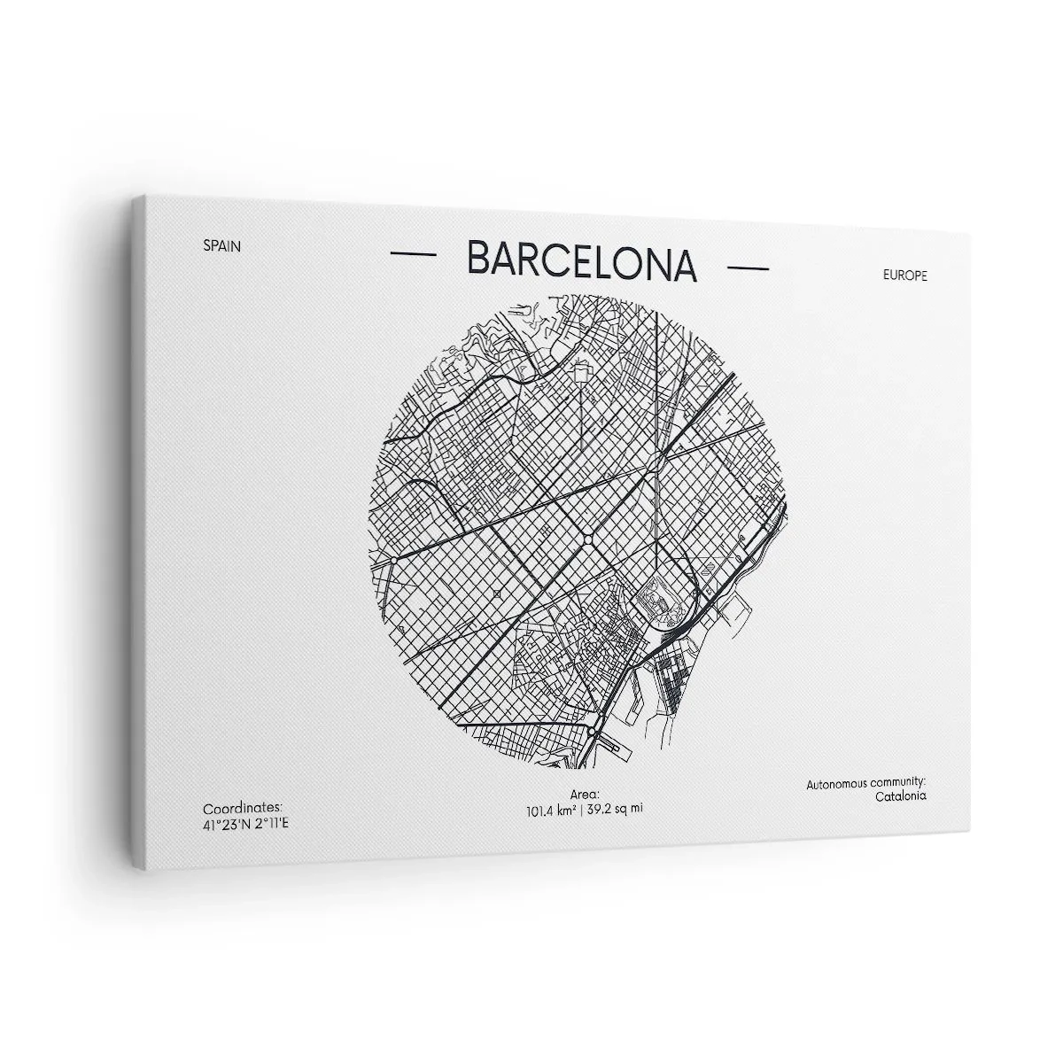 Obraz na plátne - Mapa Barcelony v minimalistickom čiernobielom štýle - 70x50cm - Anatómia Barcelony - Moderná nástenná dekorácia do obývacej izby a spálne ARTTOR