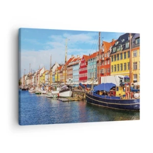 Obraz na plátne - Farebné domy na kanáli s loďkami na slnku - 70x50cm - Radostné nábrežie - Moderná nástenná dekorácia do obývacej izby a spálne ARTTOR