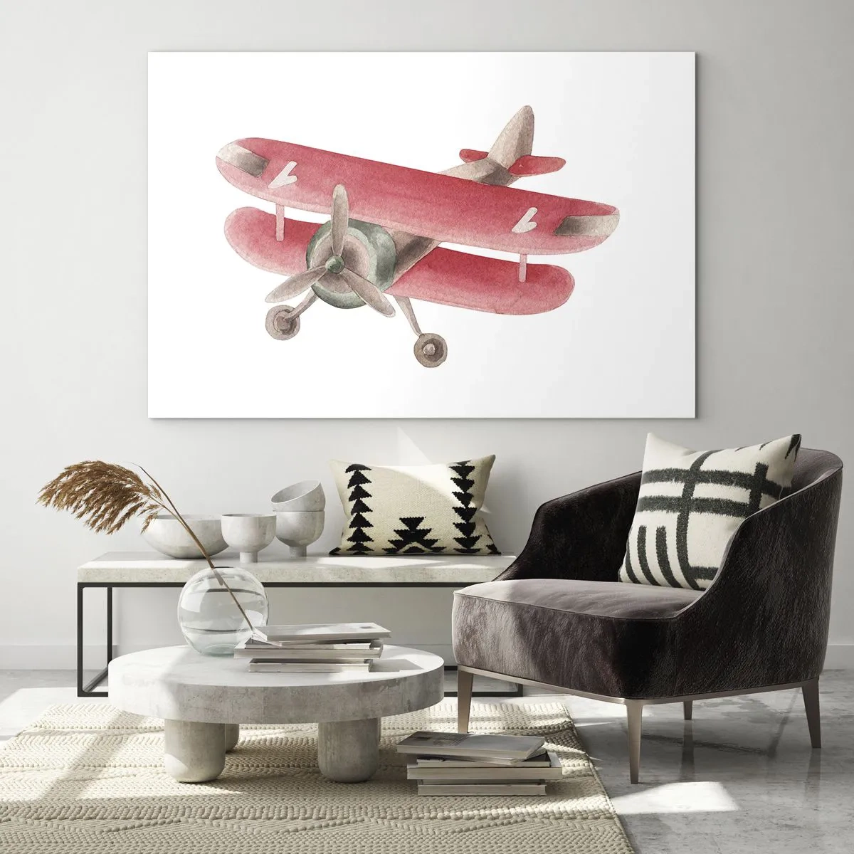 Obraz na skle - Dvojplošník v retro štýle v odtieňoch červenej - 70x50cm - Pripravený na vysoký let - Moderná nástenná dekorácia do obývacej izby a spálne ARTTOR