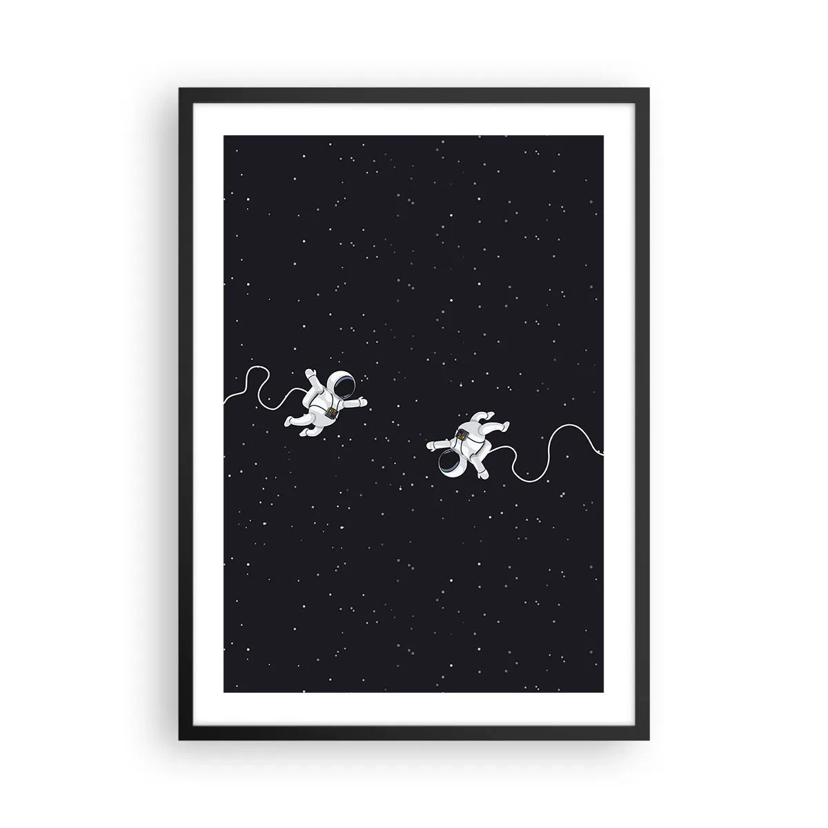 Plagát v čiernom ráme - Dvaja astronauti vznášajúci sa vo vesmíre - 50x70cm - Kozmický tanec - Moderná nástenná dekorácia do obývacej izby a spálne ARTTOR