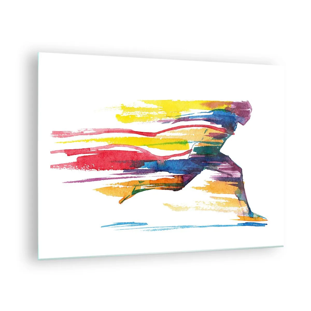 Obraz na skle - Abstraktná silueta bežca v dynamických farbách - 70x50cm - Dúhový beh - Moderná nástenná dekorácia do obývacej izby a spálne ARTTOR