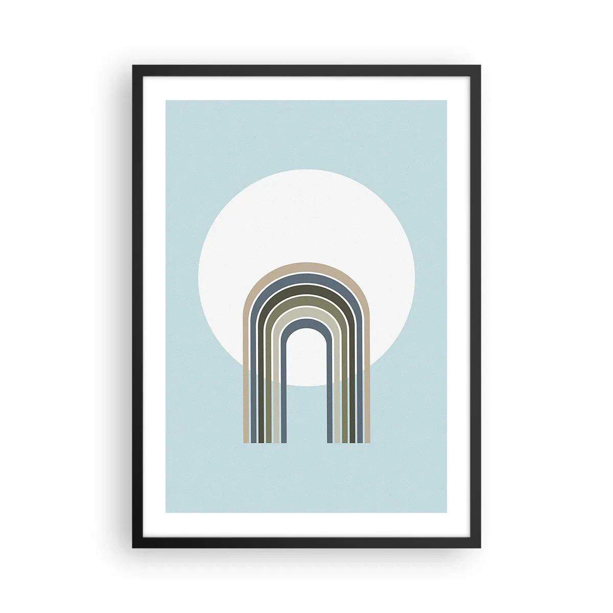 Plagát v čiernom ráme - Minimalistický oblúk s pastelovými odtieňmi na kruhovom pozadí - 50x70cm - Neodolateľná príťažlivosť - Moderná nástenná dekorácia do obývacej izby a spálne ARTTOR