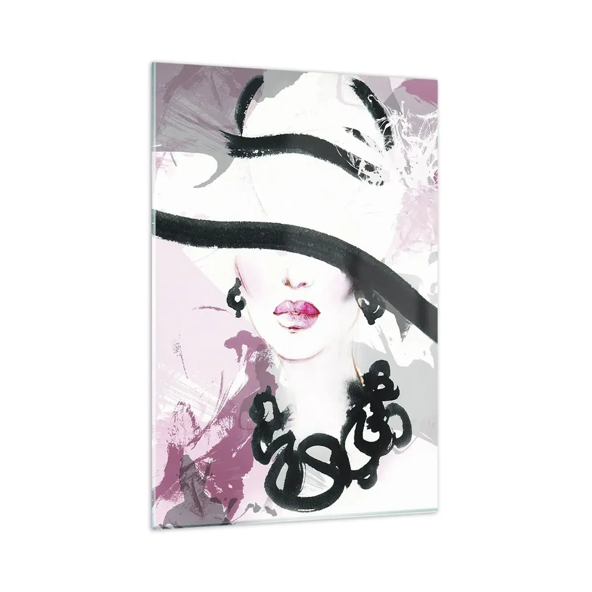 Obraz na skle - Portrét dámy v čiernej a ružovej - 80x120 cm