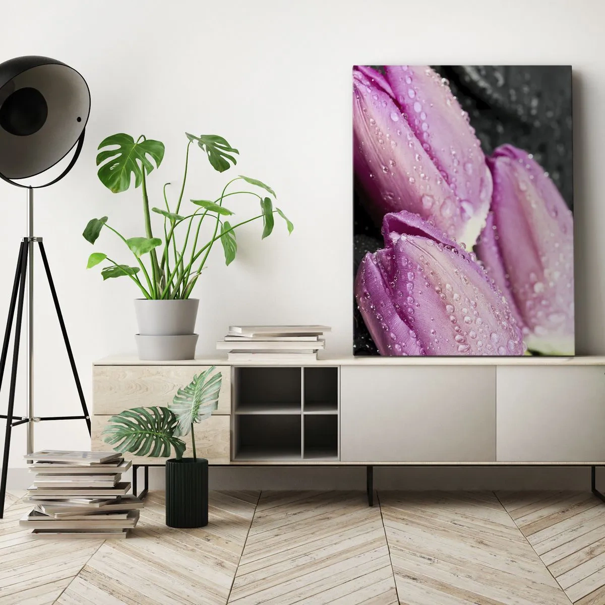 Obraz na plátne - Ľaliová trojica na čiernom kameni - 50x70 cm