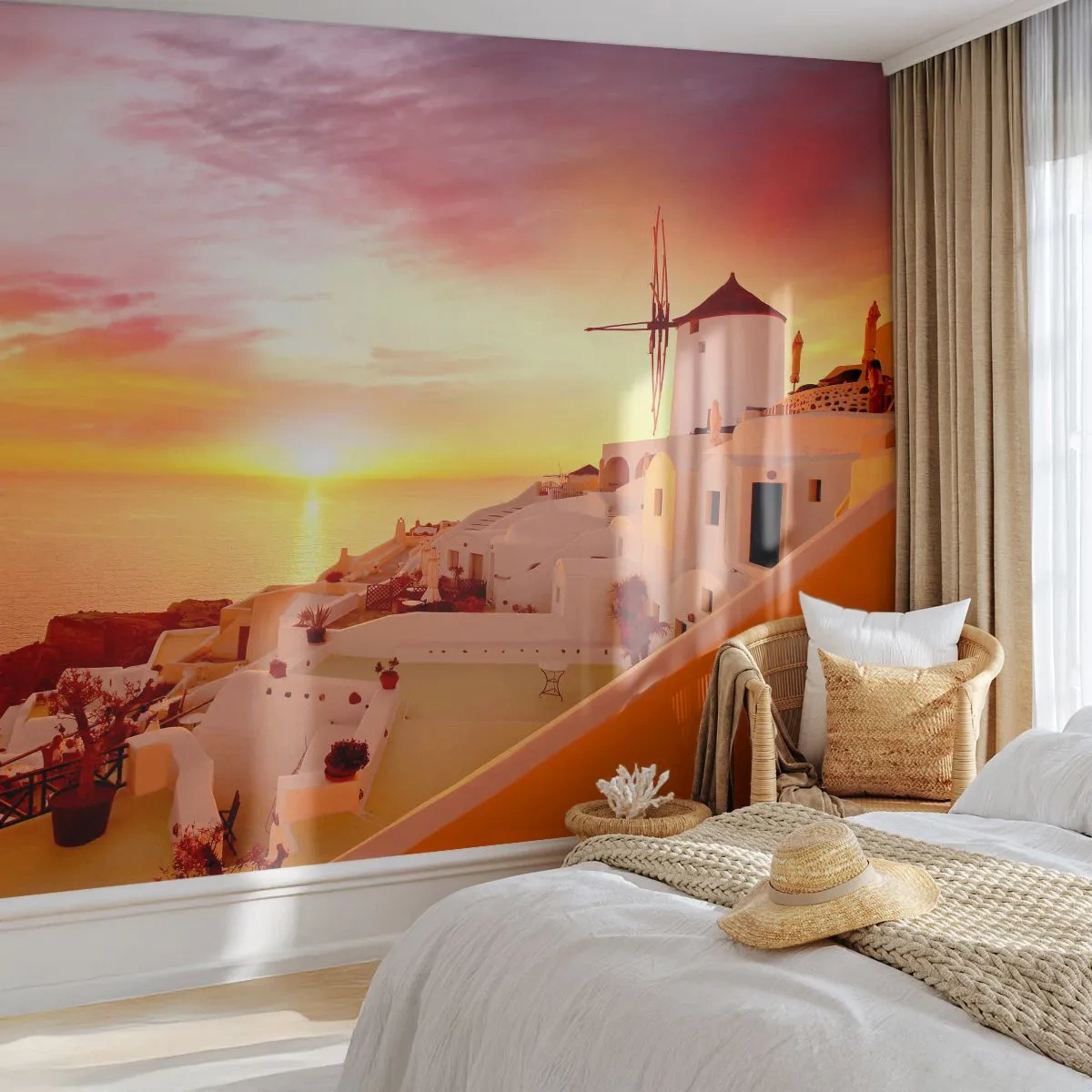 Samolepiaca Fototapeta Deluxe Sticker - Rozplynúť sa v bielej a zlatej - Krajina, Santorini, Grécko - 250x175 cm