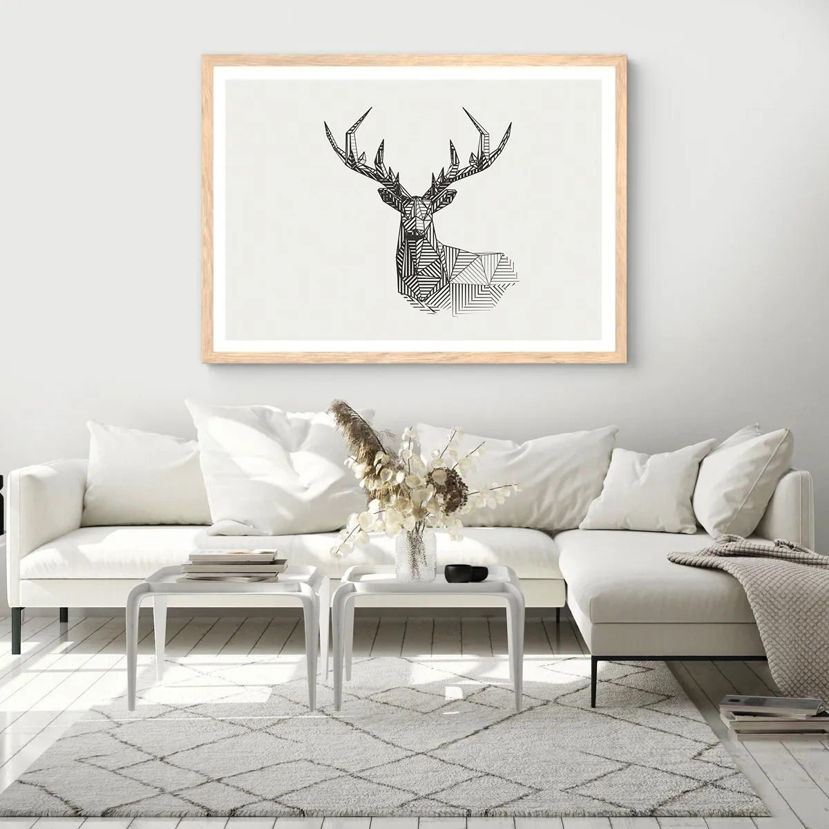 Plagát v ráme zo svetlého duba - Jeleň v kubistickom štýle - 70x50 cm