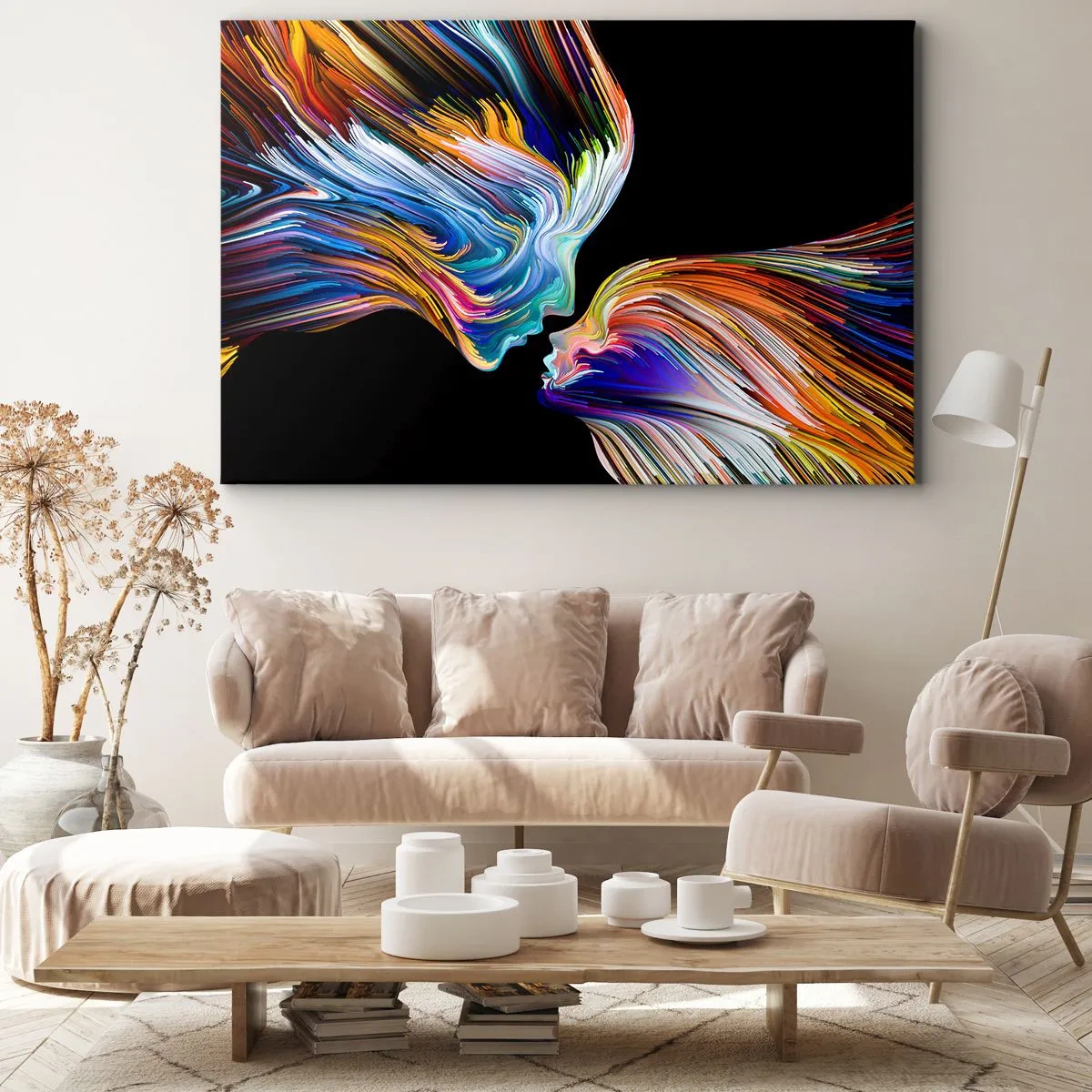 Obraz na plátne - Farebné siluety tvárí v dynamických prúdoch na čiernom pozadí - 70x50cm - Fúzie energie a svetla - Moderná nástenná dekorácia do obývacej izby a spálne ARTTOR