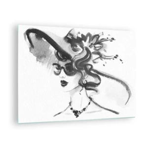 Obraz na skle - Čiernobiely portrét ženy v klobúku - 70x50cm - Dáma s charakterom - Moderná nástenná dekorácia do obývacej izby a spálne ARTTOR