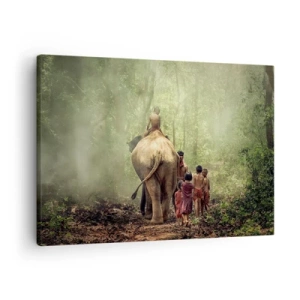 Obraz na plátne - Deti so slonom v zelenom lese v rannom svetle - 70x50cm - Nová Kniha džunglí - Moderná nástenná dekorácia do obývacej izby a spálne ARTTOR