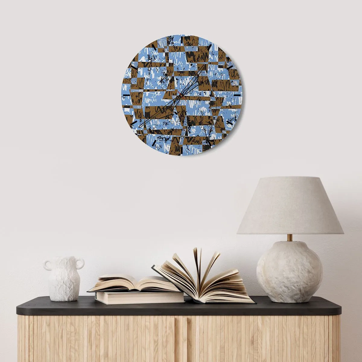 Nástenné hodiny - Geometrické vzory v odtieňoch modrej a hnedej - 30x30cm - Neľudová vystrihovačka - Moderná nástenná dekorácia do obývacej izby, kuchyne a spálne ARTTOR
