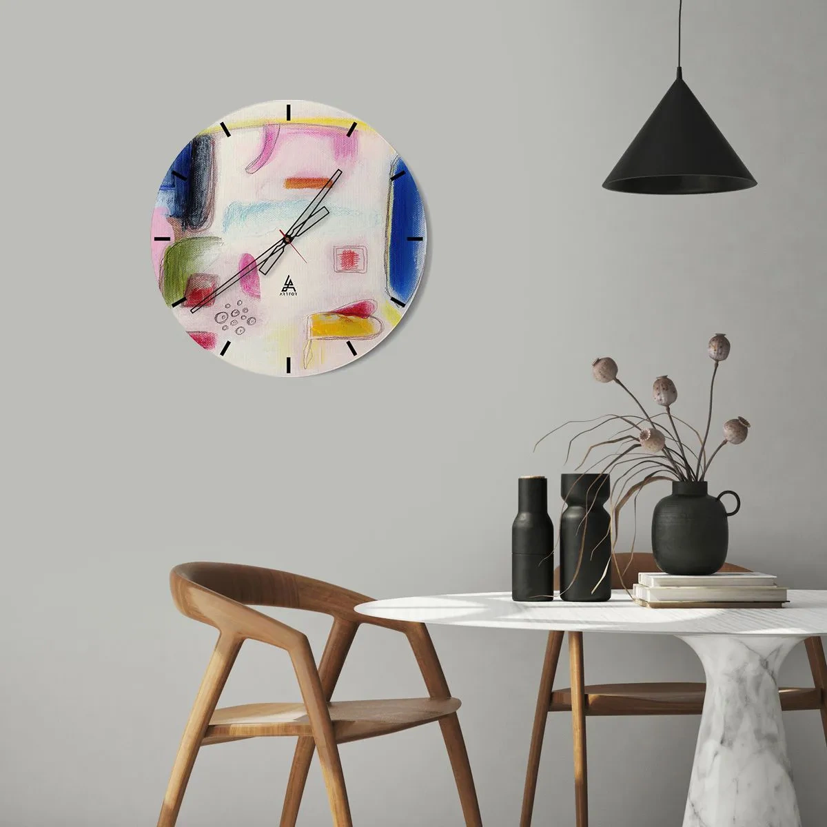 Nástenné hodiny - Farebné abstraktné škvrny na svetlom pozadí v maliarskom štýle - 30x30cm - Viac konvexné ako konkávne alebo ploché - Moderná nástenná dekorácia do obývacej izby, kuchyne a spálne ARTTOR