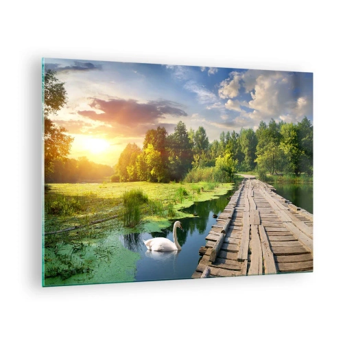 Obraz na skle - Drevené mólo nad jazerom s labuťou pri západe slnka - 70x50cm - Leto, leto všade - Moderná nástenná dekorácia do obývacej izby a spálne ARTTOR
