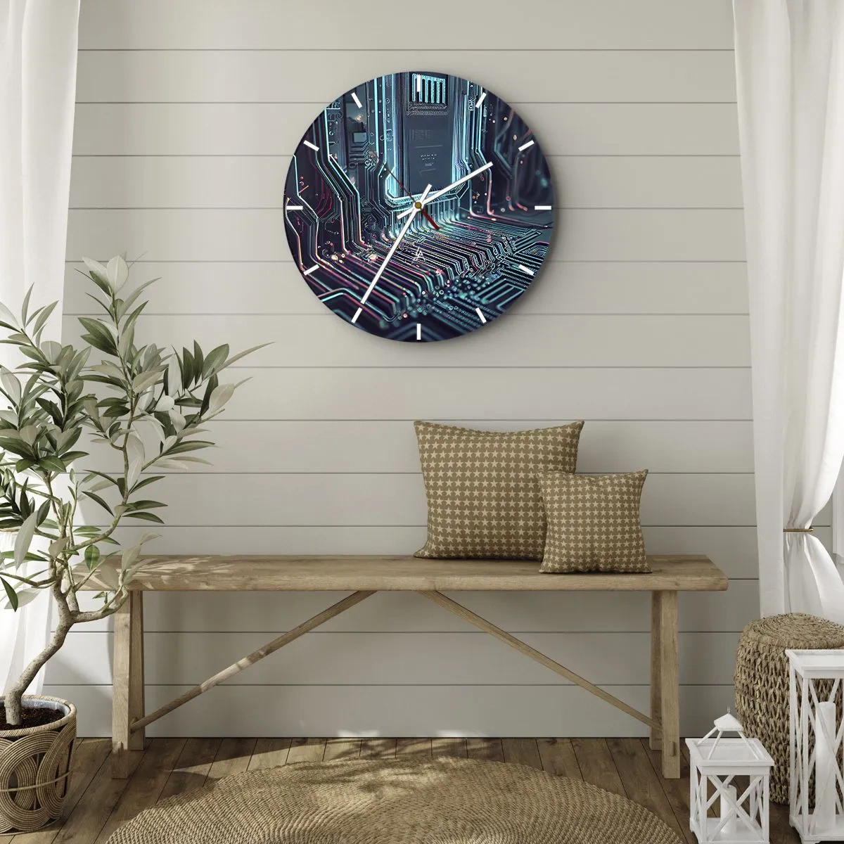 Nástenné hodiny - Detail neónového, futuristicky obývaného integrovaného obvodu - 30x30cm - Len tak premýšľam… - Moderná nástenná dekorácia do obývacej izby, kuchyne a spálne ARTTOR