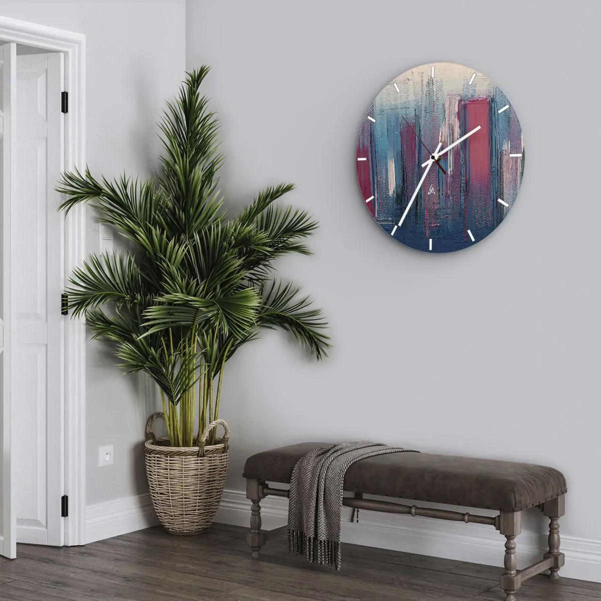 Nástenné hodiny - Vertikálna kompozícia v modrej a červenej - 40x40 cm