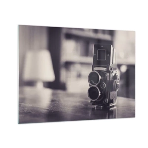 Obraz na skle - Čiernobiela fotografia starožitného fotoaparátu - 70x50cm - Kúzlo starej fotografie - Moderná nástenná dekorácia do obývacej izby a spálne ARTTOR