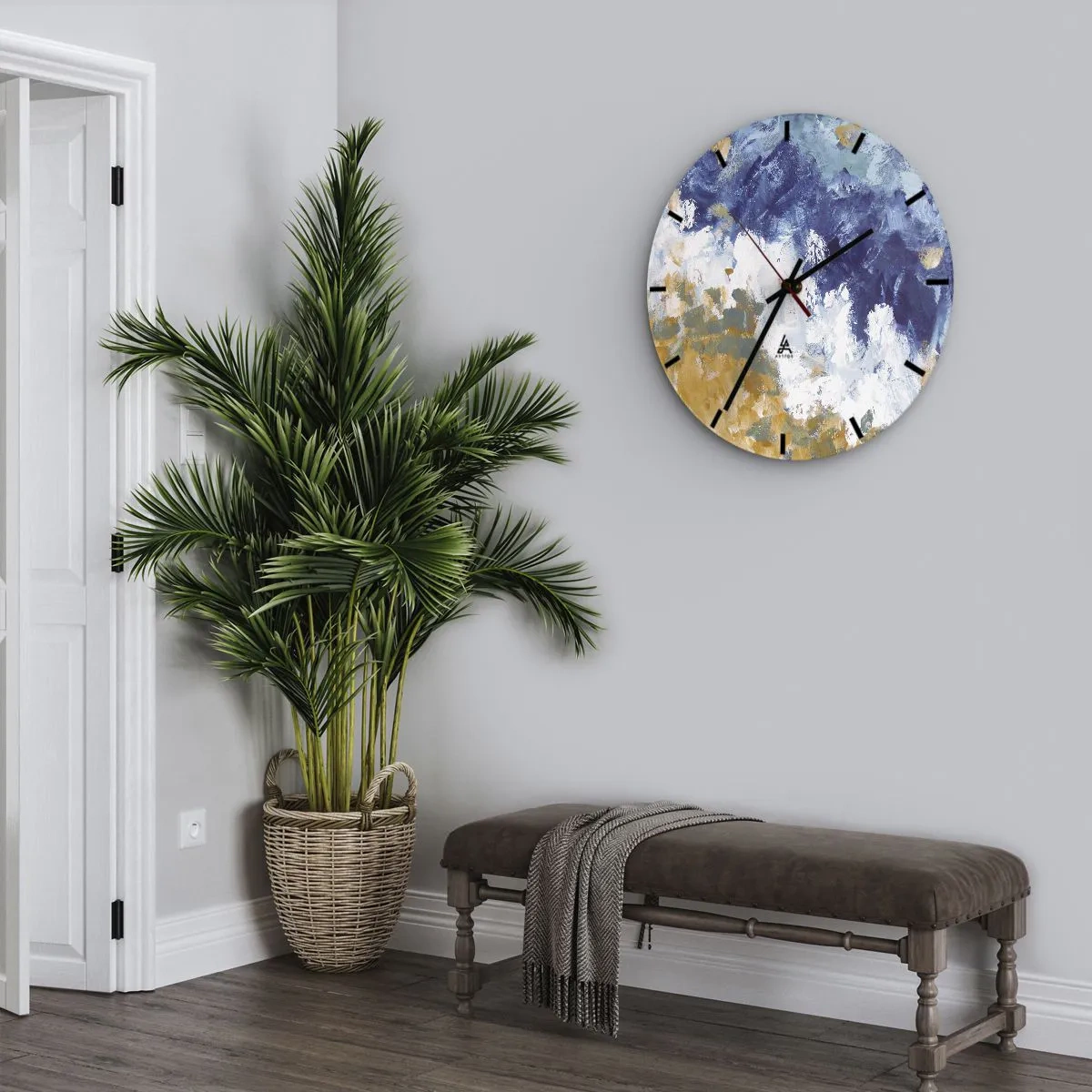 Nástenné hodiny - Expresívna abstrakcia v odtieňoch modrej, bielej a okrovej - 30x30cm - Tanec živlov - Moderná nástenná dekorácia do obývacej izby, kuchyne a spálne ARTTOR