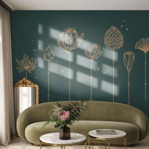 Fototapeta Standard Eco - Zlaté bylinky na tmavozelenom pozadí v lineárnom štýle. - 100x70cm - Bylinky - Moderná nástenná dekorácia do obývacej izby a spálne ARTTOR